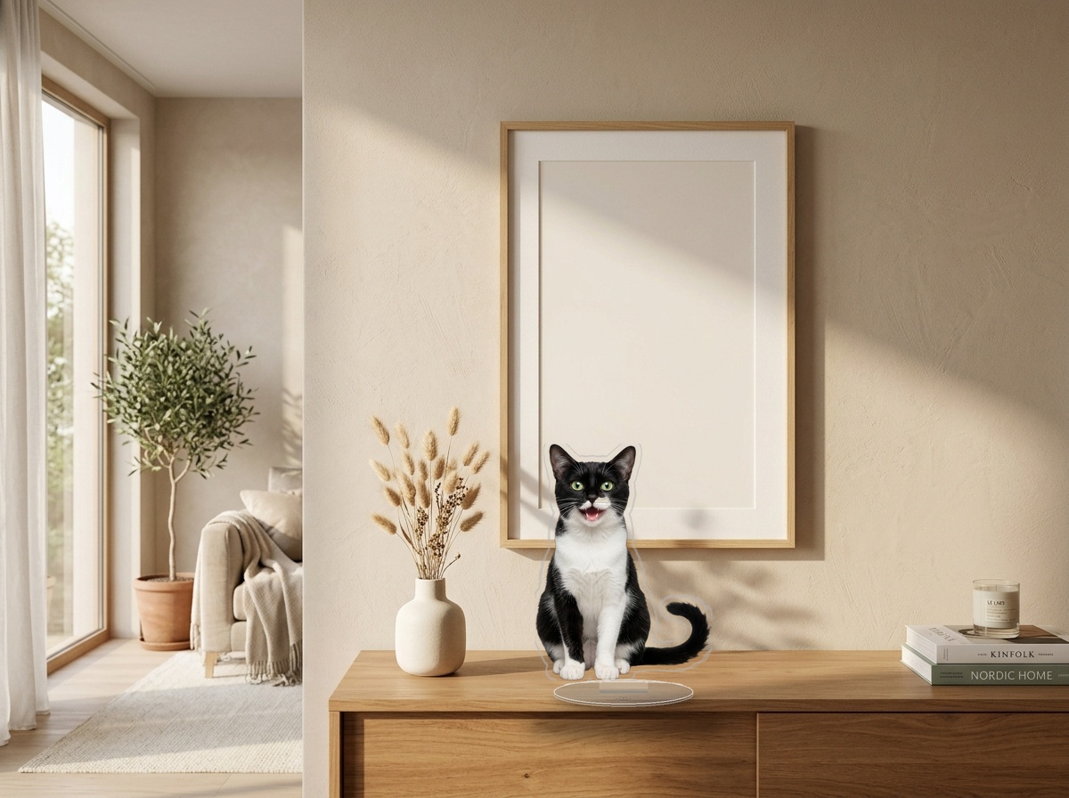 Double-sided acrylic standee in living room
